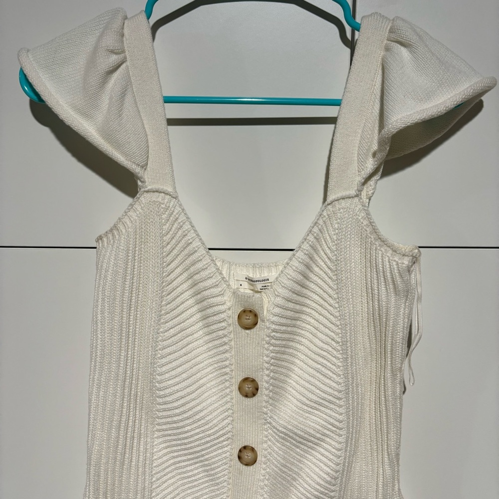 Anthropologie Womens Knit Tank Top Small Ribbed Cream Button Flutter Sleeved - Picture 2 of 8